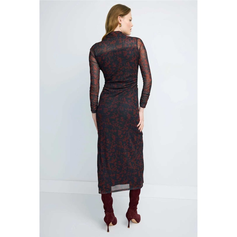Madewell Mesh Floral Print Ruched Midi Dress Long Sleeve Collared Navy Red Sz L - Picture 2 of 10
